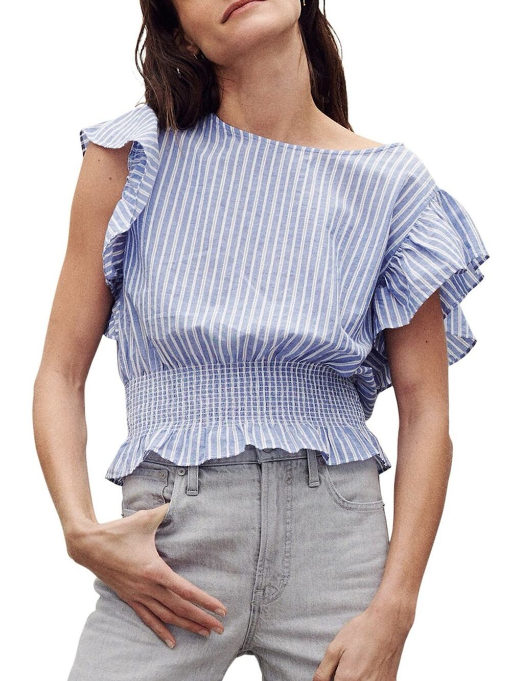 Madewell Flutter Sleeve Smocked Ruffle Blue Striped Top Size XL